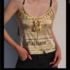 John Galliano Beige Newspaper Print Ribbon-Trim Camisole
